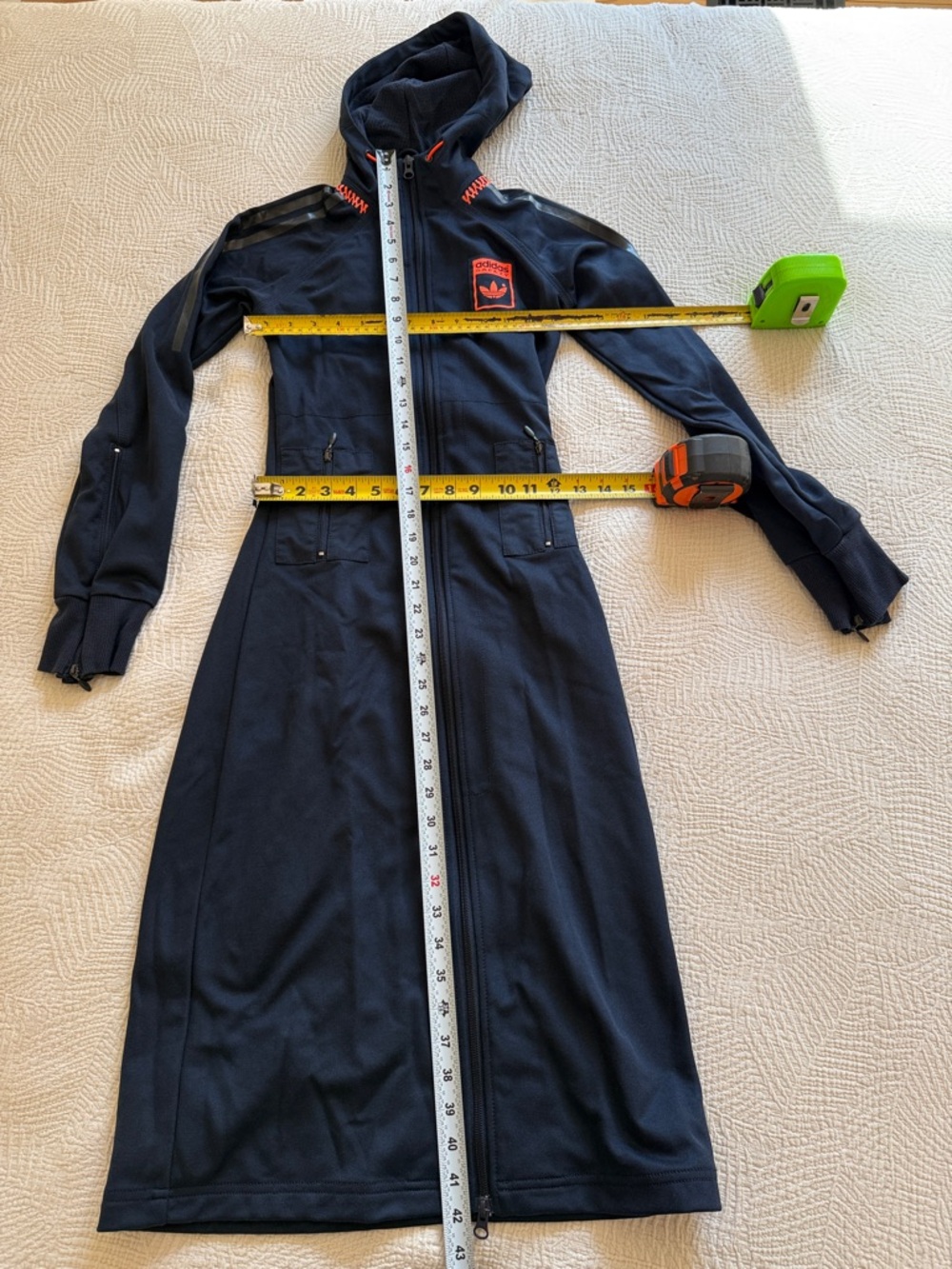 Adidas women's Long Navy Hooded Zip-Front Coat with Red Logo